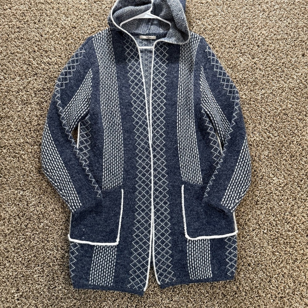 Griffin Paris Womens S/M Hooded Knit‎ Cardigan Blue Geometric Longline Sweater